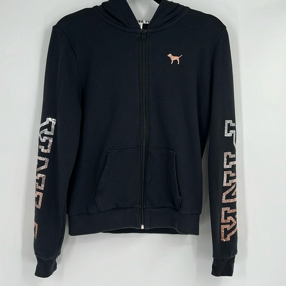 Pink Victorias Secret Black and Rose Gold Sequin Logo Hooded Sweatshirt Medium